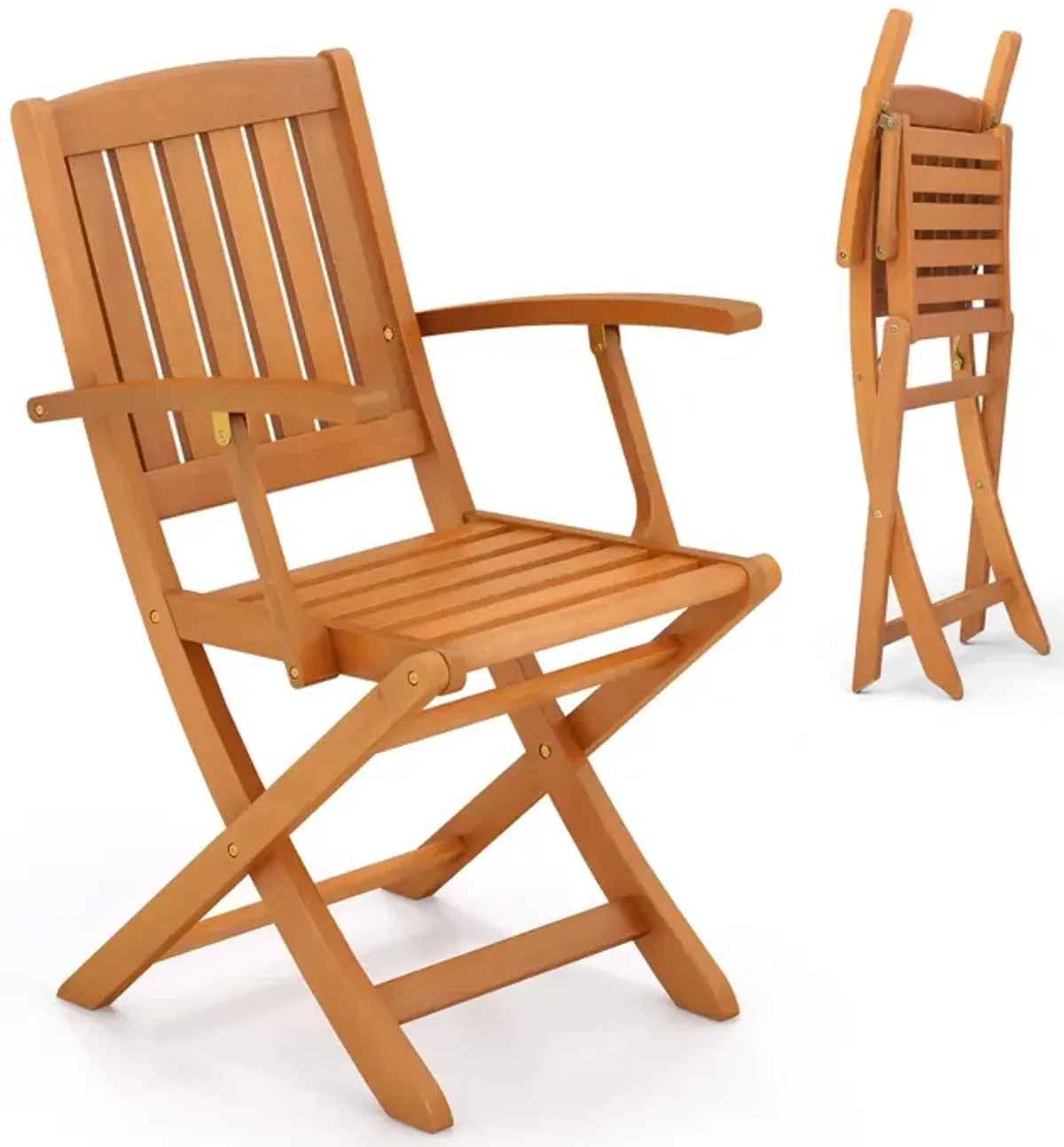 Patio Wood Folding Chair Set of 2 with Armrests and Slatted Seat