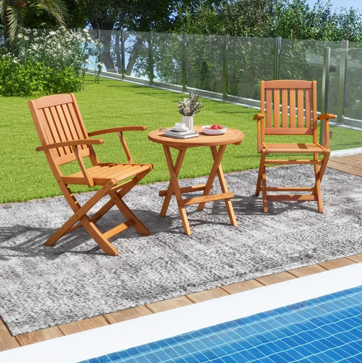 Patio Wood Folding Chair Set of 2 with Armrests and Slatted Seat