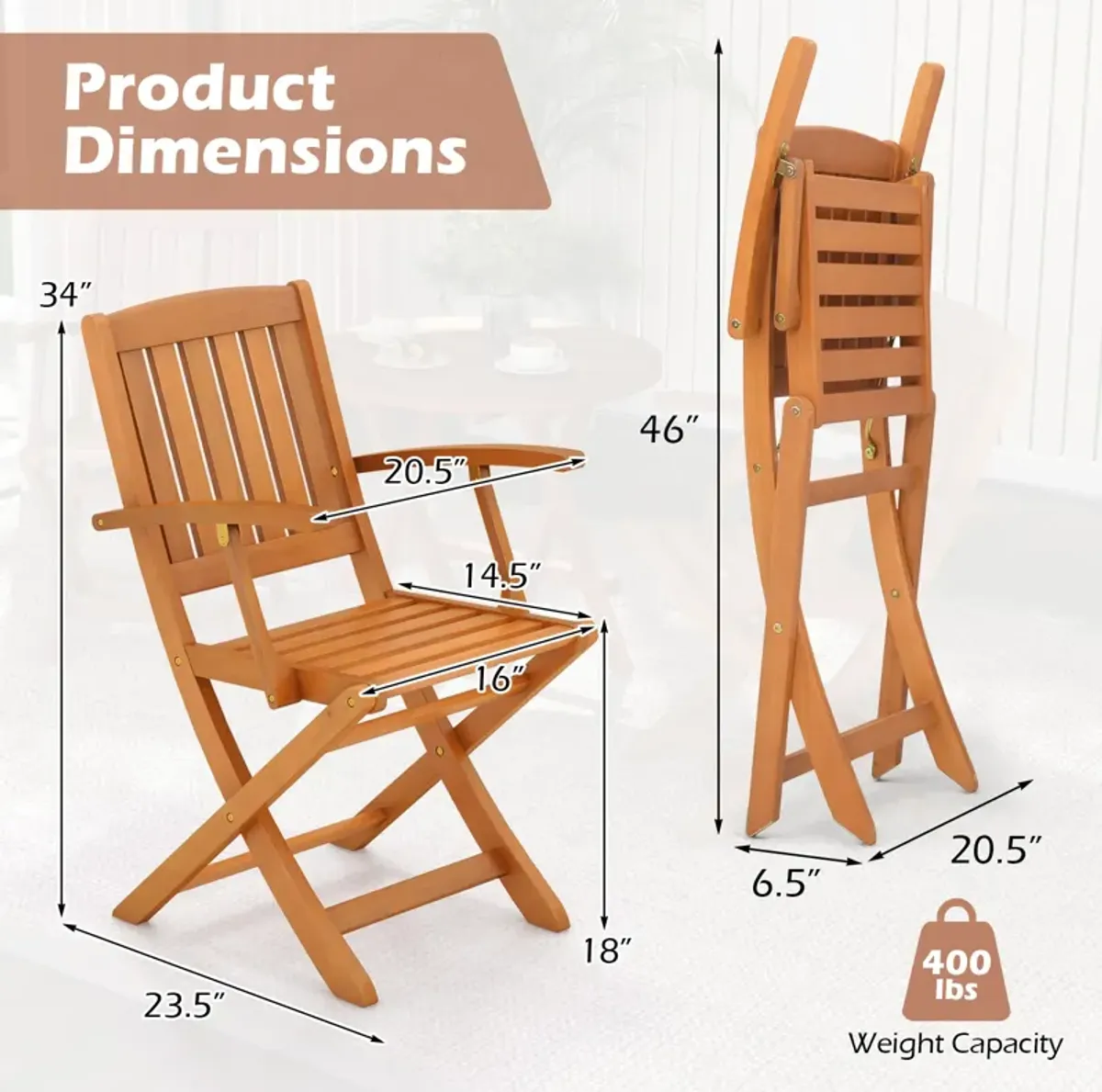 Patio Wood Folding Chair Set of 2 with Armrests and Slatted Seat