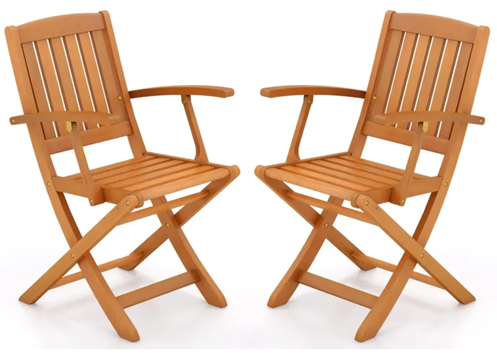 Patio Wood Folding Chair Set of 2 with Armrests and Slatted Seat