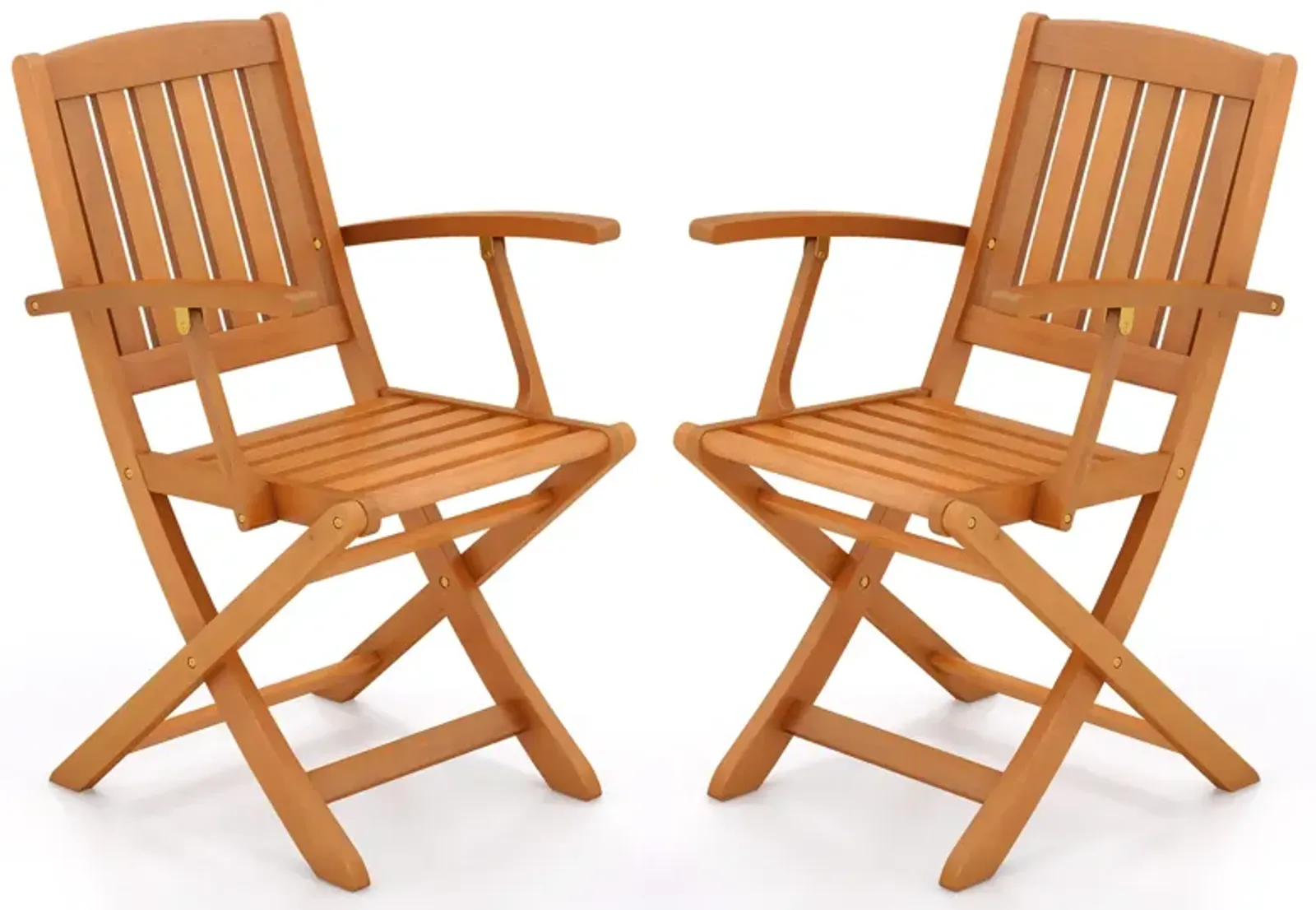 Patio Wood Folding Chair Set of 2 with Armrests and Slatted Seat