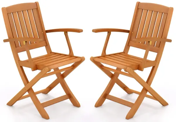 Patio Wood Folding Chair Set of 2 with Armrests and Slatted Seat