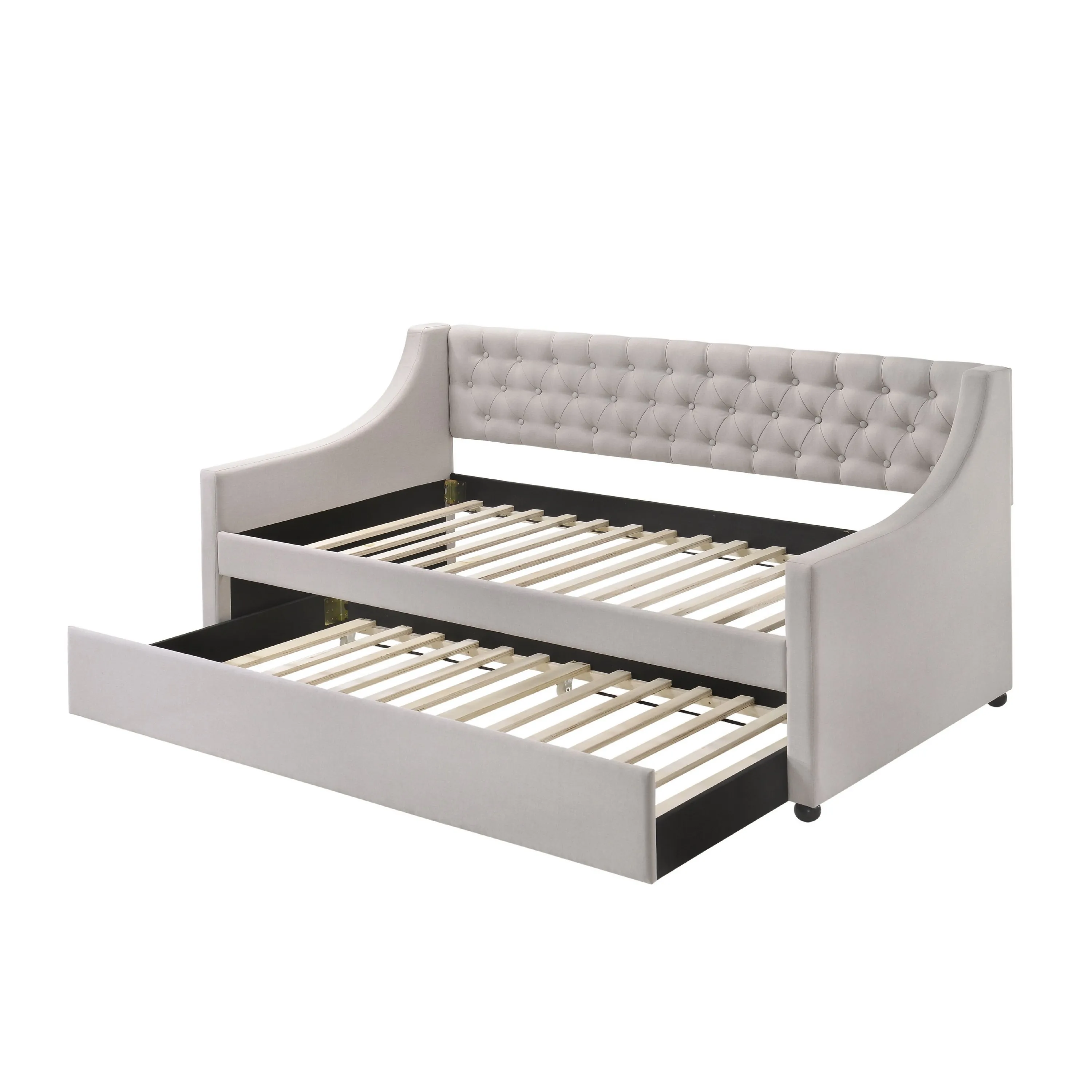 Fabric Twin Size Daybed with Button Tufted Back and Sloped Arms,Light Gray-Benzara