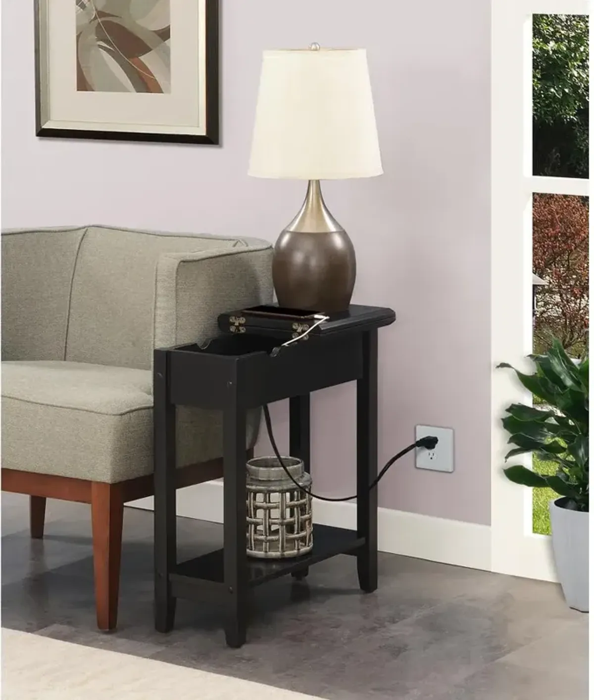 Convenience Concepts American Heritage Flip Top End Table With Charging Station, Black