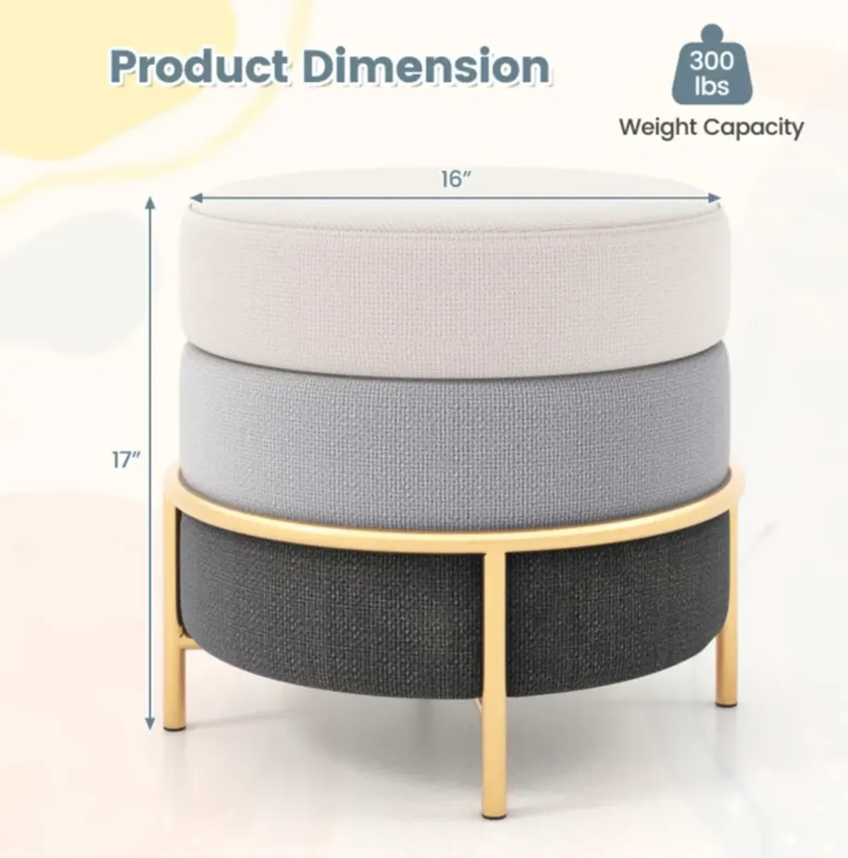 Hivvago Upholstered Linen Fabric Ottoman with Gold Metal Legs and Anti-slip Foot Pads