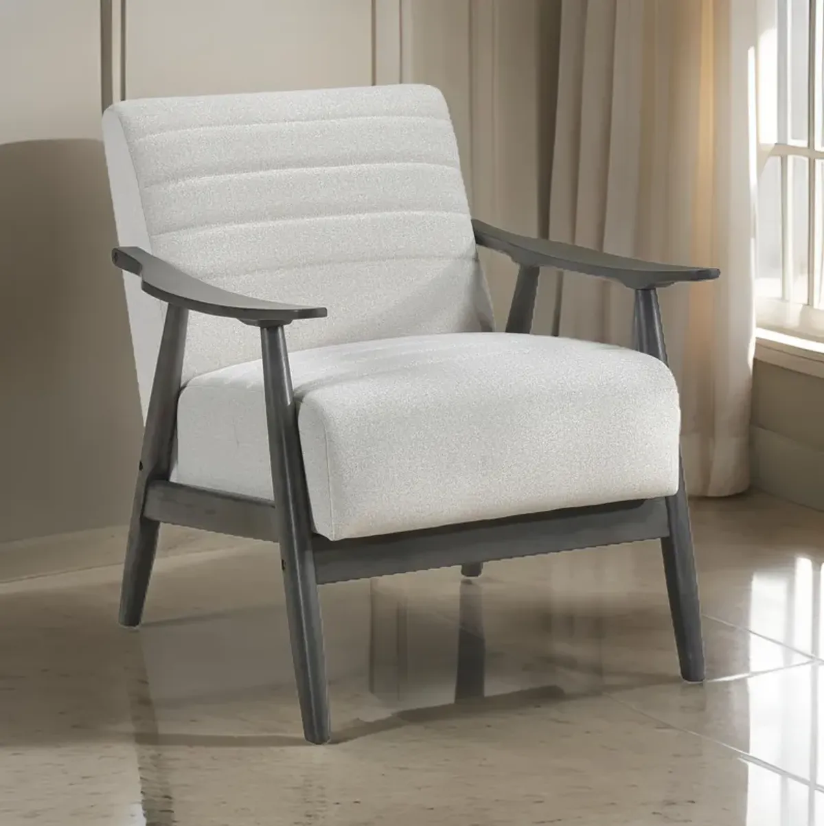 Tira 32 Inch Accent Chair, Channel Stitched, White Velvet, Gray Solid Wood - Benzara