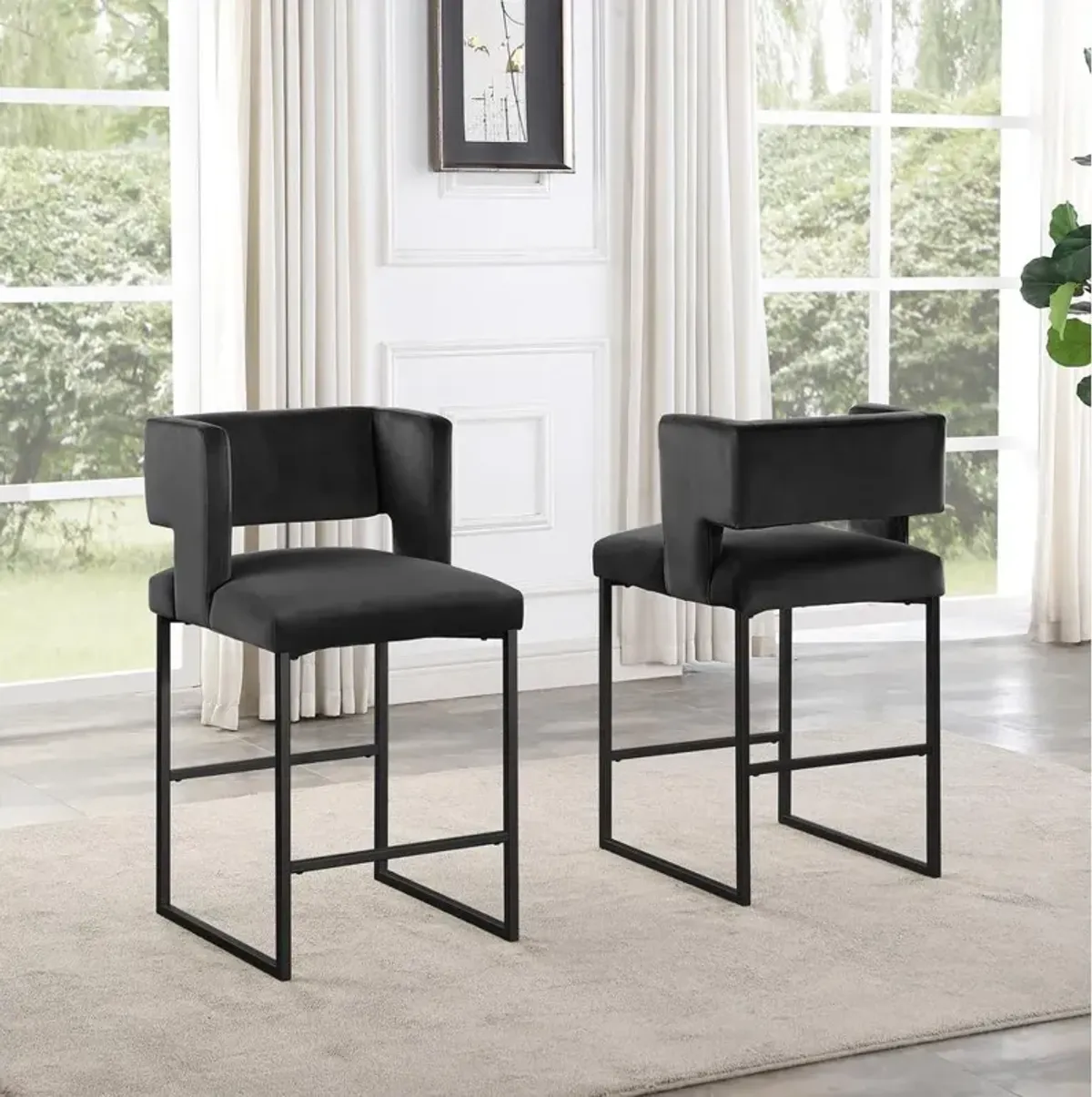 Lynx Velvet Bar Stools in Matte Black (Set of 2)