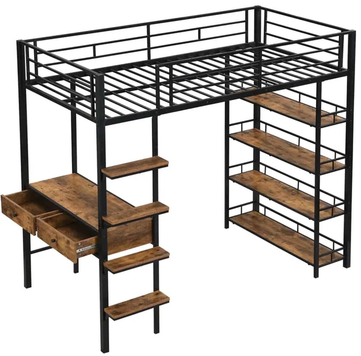 Merax Metal Loft Bed with Desk and Shelves