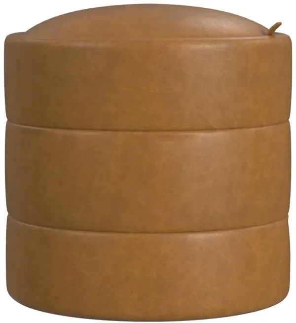 Pero Storage Ottoman, 18 Inch Round Removable Lid, Brown Faux Leather - Benzara