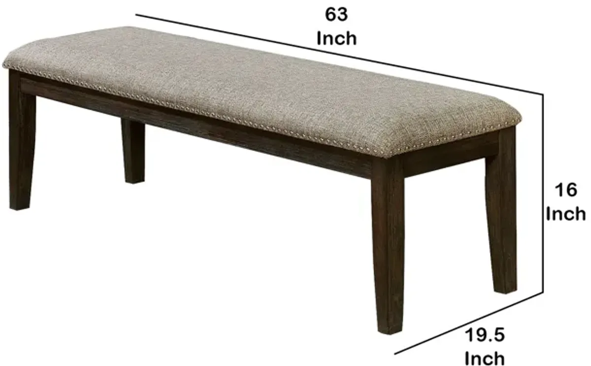 Fabric Upholstered Bench with Nailhead Trim and Tapered Legs, Gray and Espresso-Benzara