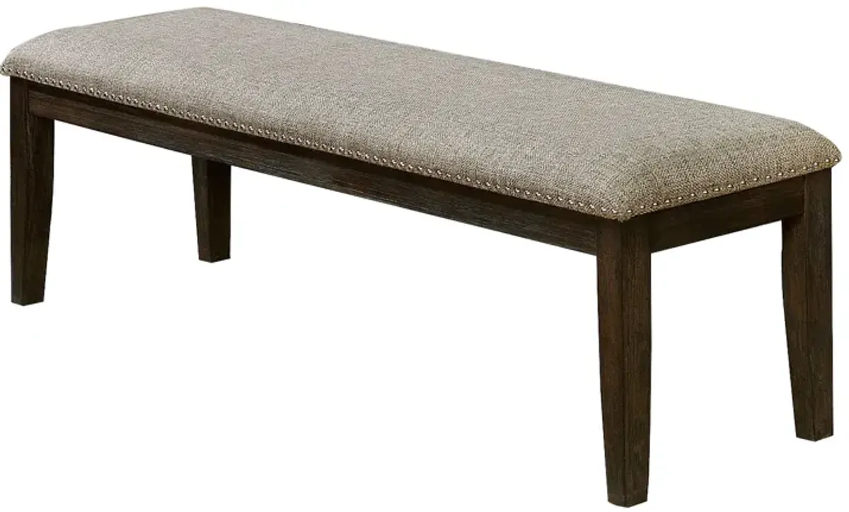 Fabric Upholstered Bench with Nailhead Trim and Tapered Legs, Gray and Espresso-Benzara