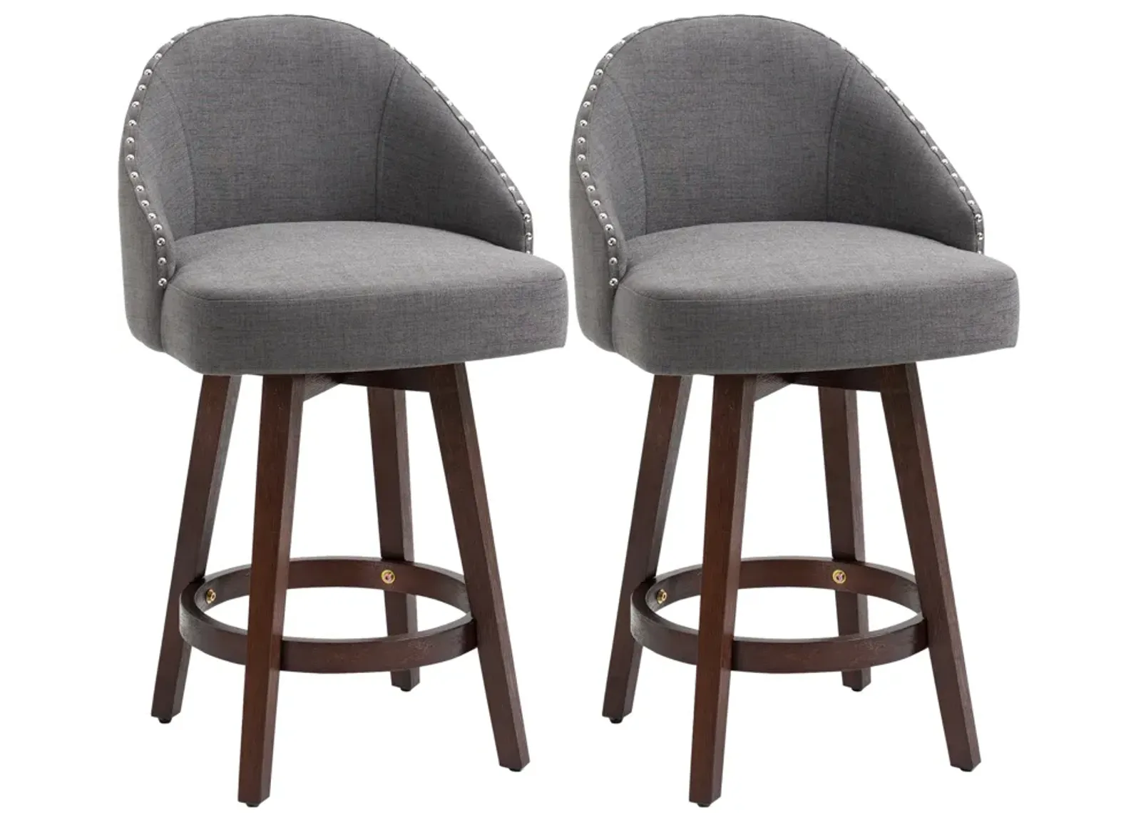 HOMCOM 26" Counter Height Bar Stools, Linen Fabric Kitchen Stools with Nailhead Trim, Rubber Wood Legs and Footrest for Dining Room, Counter, Pub, Set of 2, Dark Gray