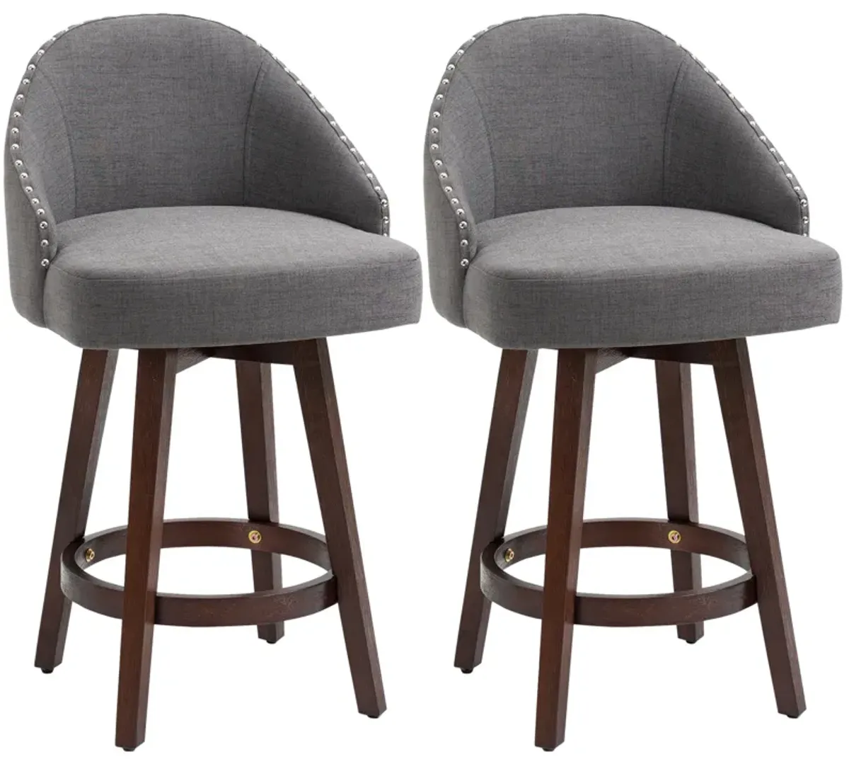 HOMCOM 26" Counter Height Bar Stools, Linen Fabric Kitchen Stools with Nailhead Trim, Rubber Wood Legs and Footrest for Dining Room, Counter, Pub, Set of 2, Dark Gray