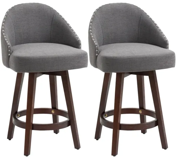 HOMCOM 26" Counter Height Bar Stools, Linen Fabric Kitchen Stools with Nailhead Trim, Rubber Wood Legs and Footrest for Dining Room, Counter, Pub, Set of 2, Dark Gray