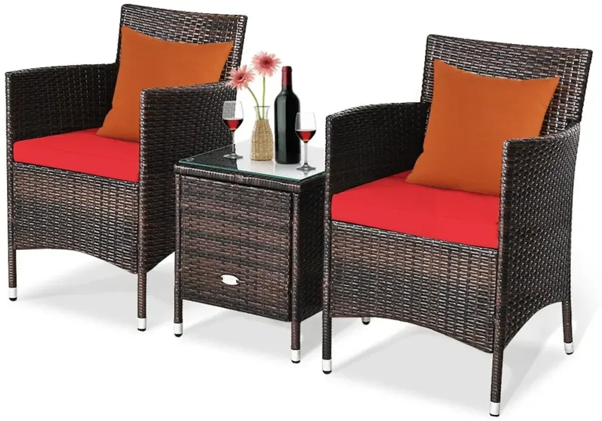 3 Pieces Ergonomic Wicker Patio Conversation Set-Red