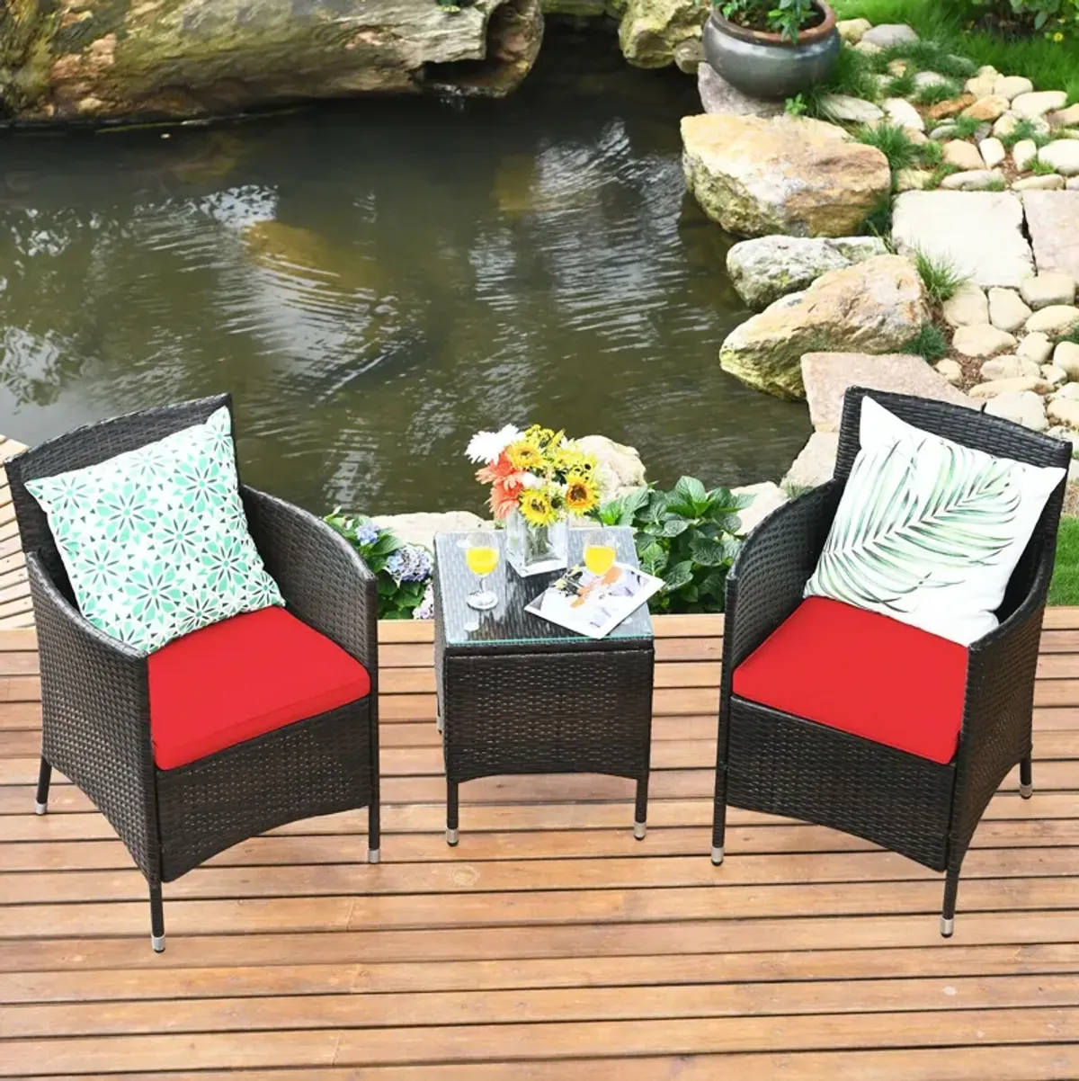 3 Pieces Ergonomic Wicker Patio Conversation Set-Red