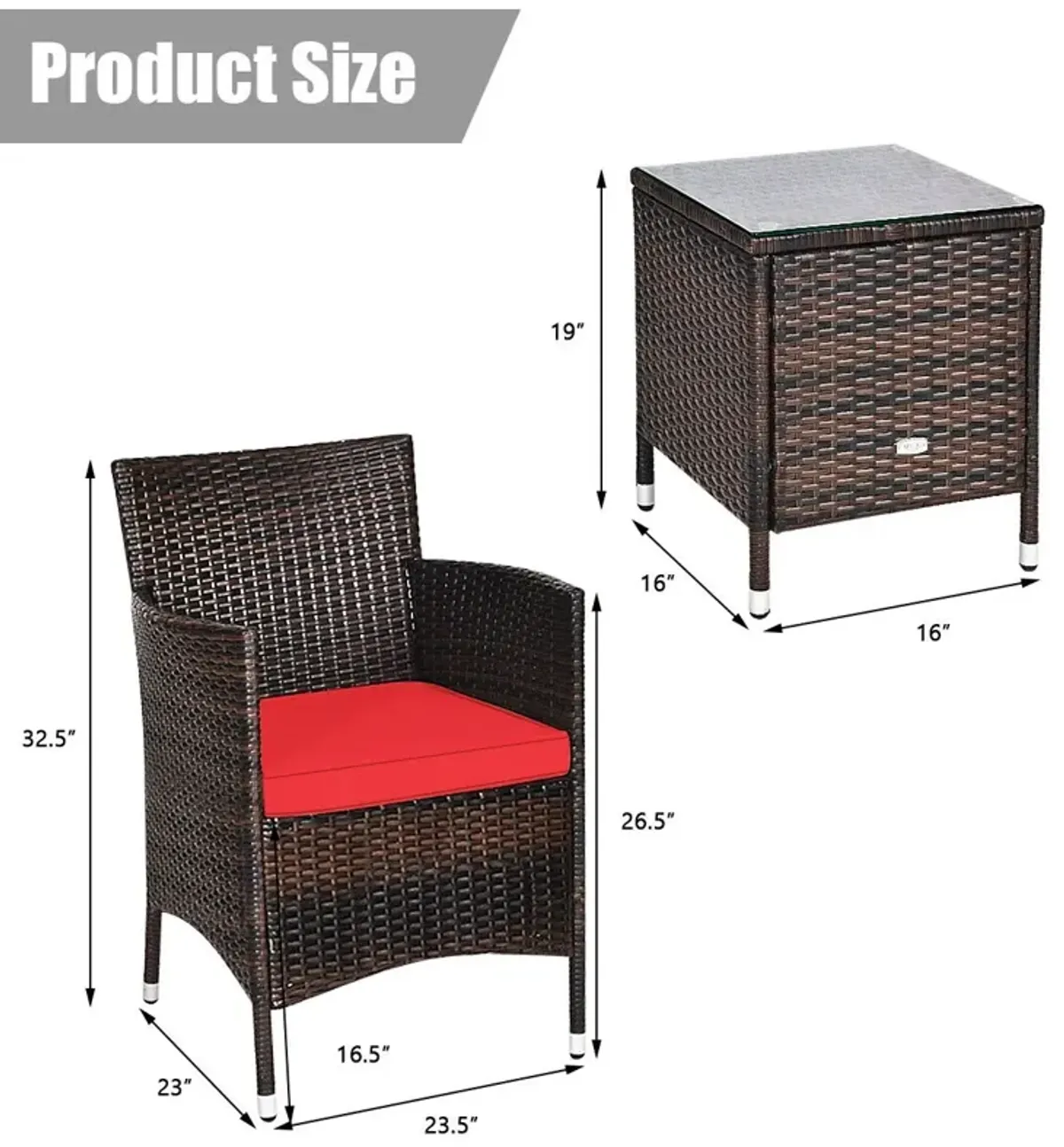 3 Pieces Ergonomic Wicker Patio Conversation Set-Red