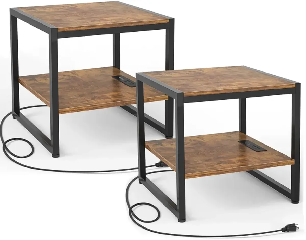 Homieasy End Table with Charging Station, 20 Inch Square Side Table with USB Ports & Power Outlets, Industrial Nightstand with S