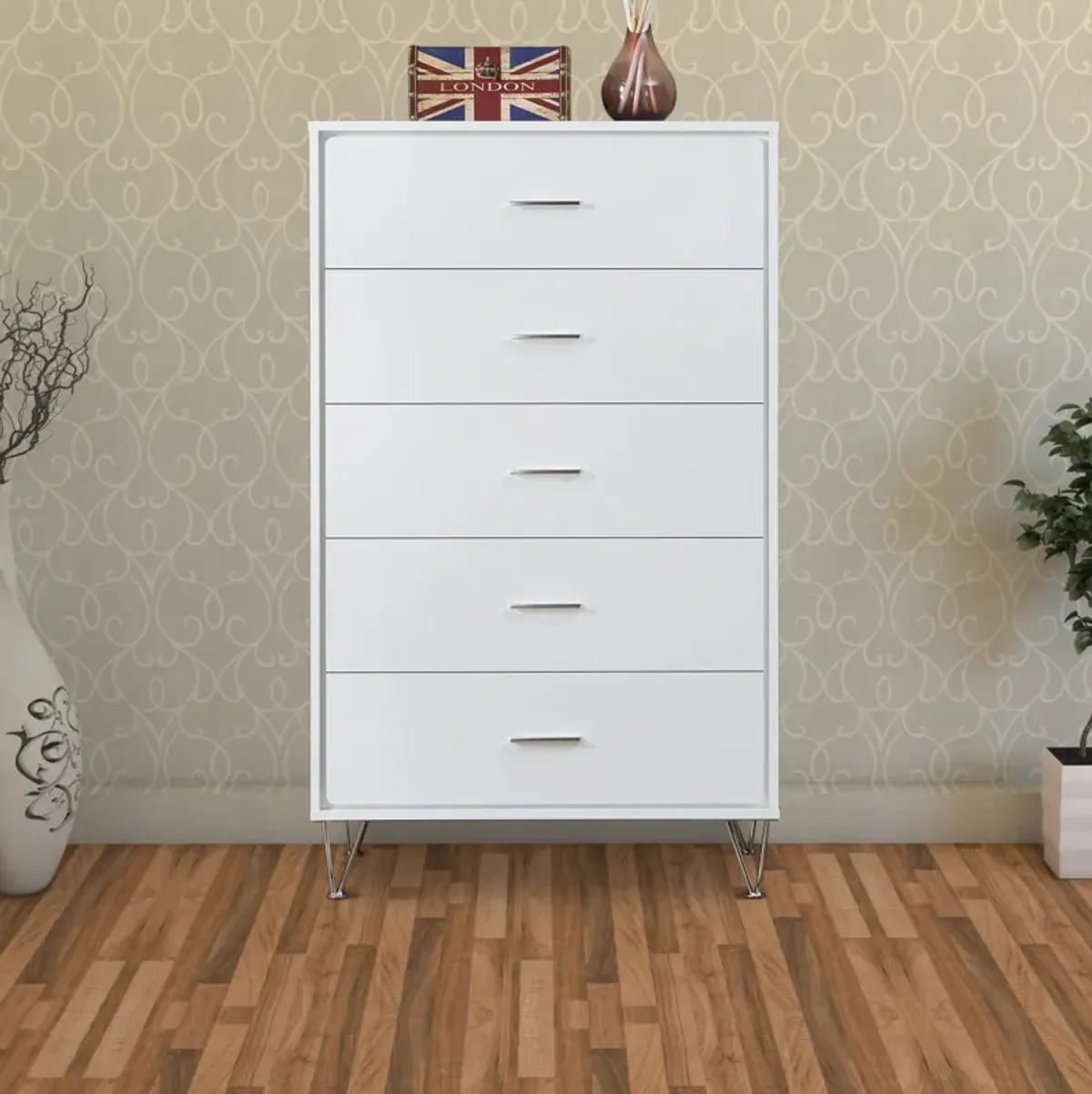 Contemporary Style Wooden Chest with Five Drawers, White-Benzara