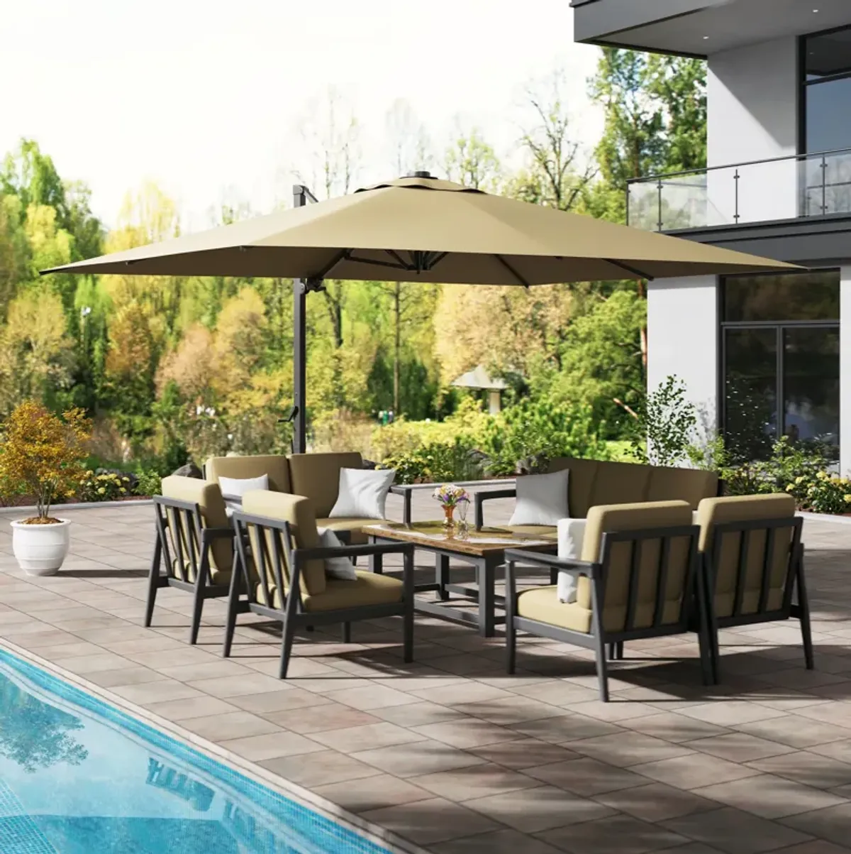 MONDAWE 10 ft. x 13 ft. Aluminum Cantilever Patio Umbrella  Garden Offset Umbrella with Base Weight Stand