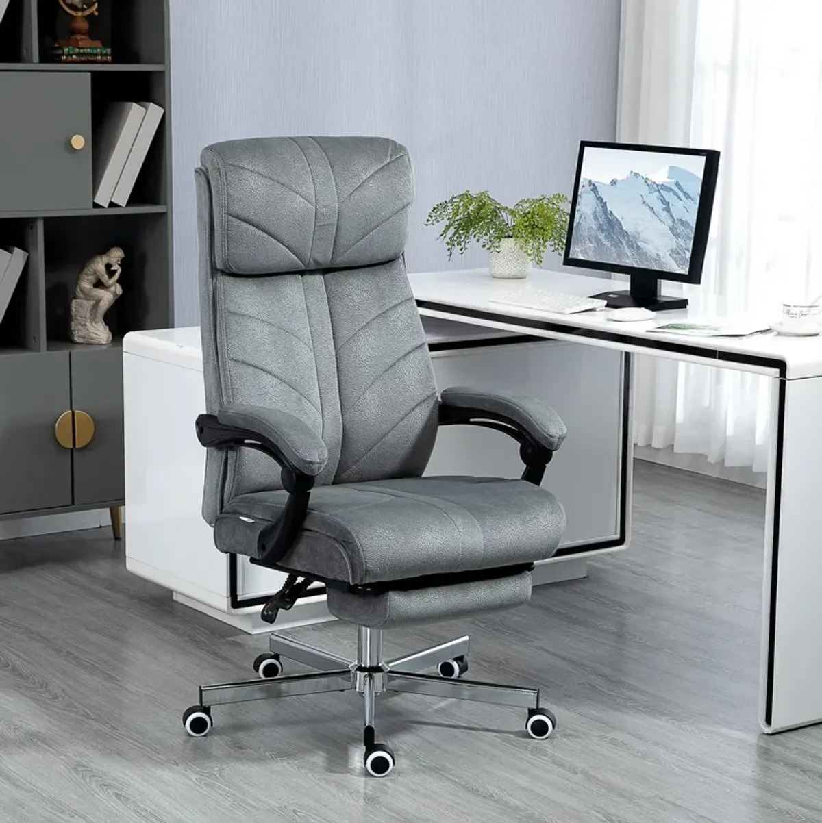 Gray Office Comfort: High-Back Reclining Chair with Footrest