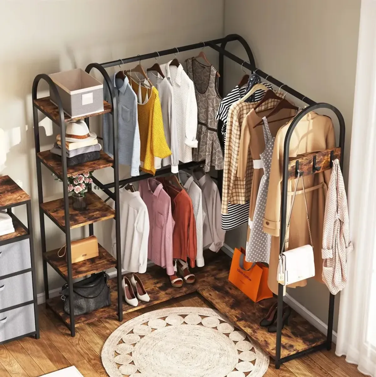 Hivvago Corner L Shaped Garment Rack with Clothing Hanging Rods and Storage Shelves