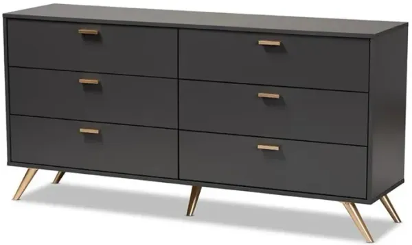 Baxton Studio Kelson Modern and Contemporary Dark Grey and Gold Finished Wood 6-Drawer Dresser