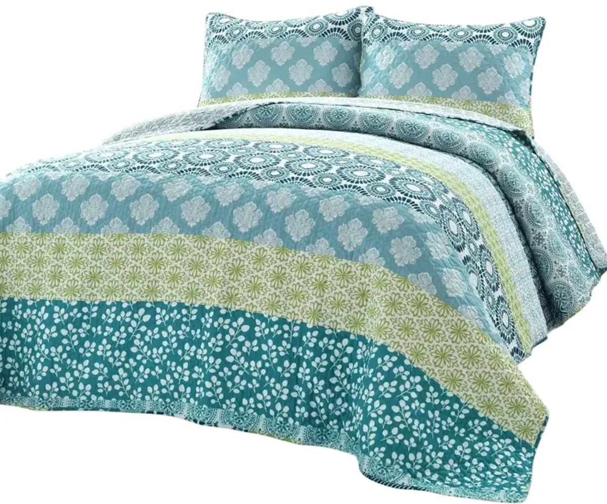 Cotton 3 Piece Reversible Floral Damask Quilt Set