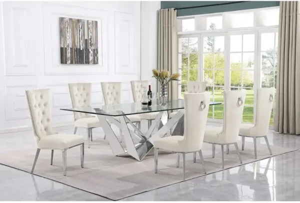 9pc Large(94") glass top dining set with silver base and 8 Cream side chairs