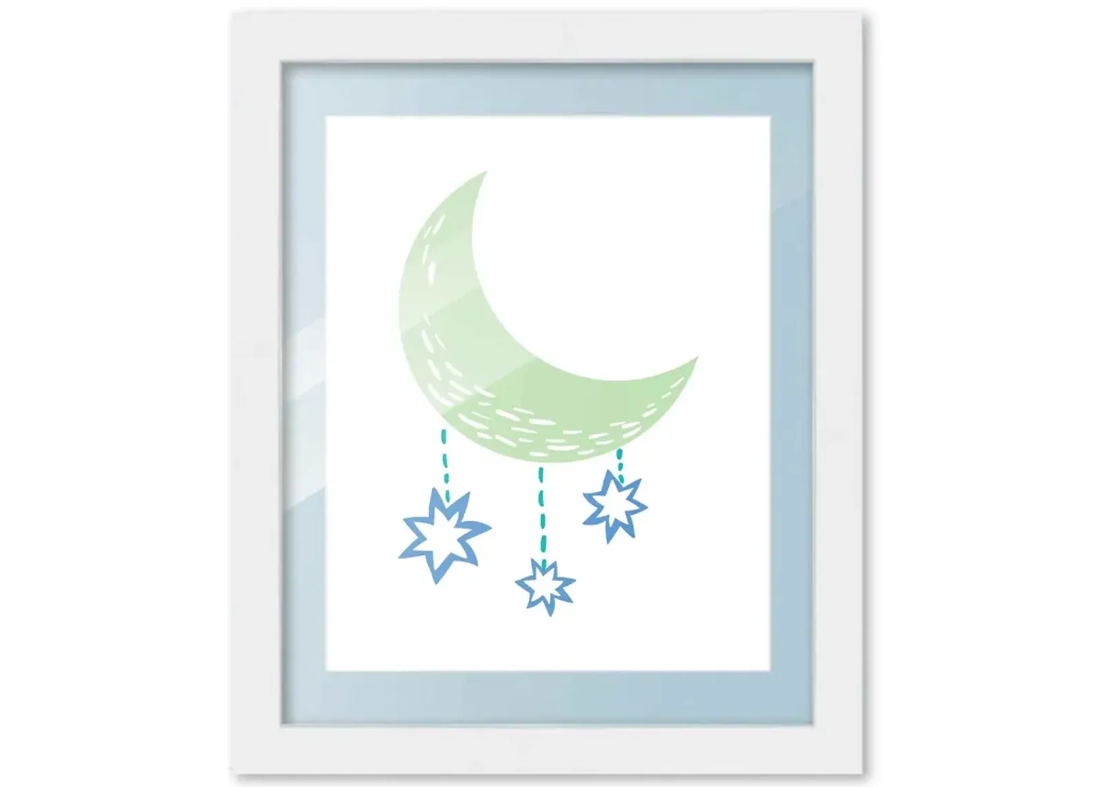 8x10 Framed Nursery Wall Art Boho Galaxy Moon Poster in Blue with Baby Blue Mat in a 10x12 White Wood Frame