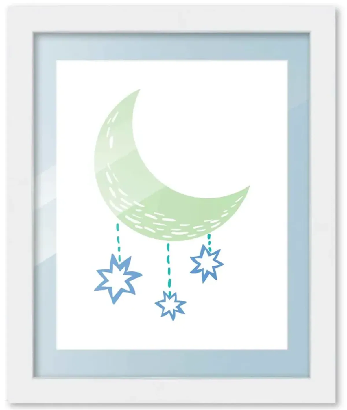 8x10 Framed Nursery Wall Art Boho Galaxy Moon Poster in Blue with Baby Blue Mat in a 10x12 White Wood Frame