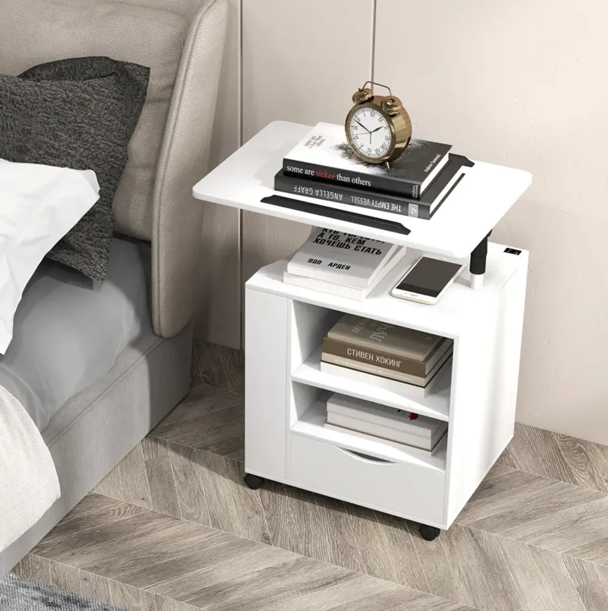 Nightstand Bedside Table Swivel Laptop Tray with Charging Station and LED Lights