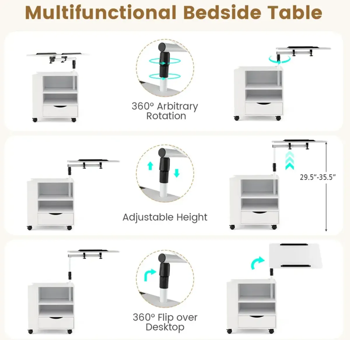 Nightstand Bedside Table Swivel Laptop Tray with Charging Station and LED Lights