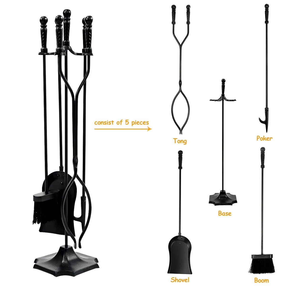 31 inch 5 Pieces Metal Fireplace Tool Set with Stand