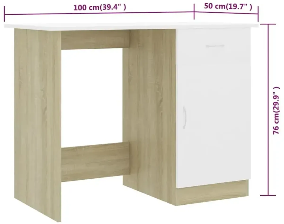 vidaXL Desk White and Sonoma Oak 39.4"x19.7"x29.9" Chipboard