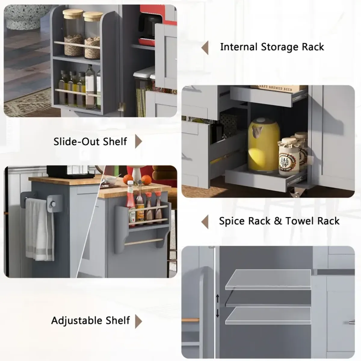 Kitchen Island Cart with Storage and Spice Rack