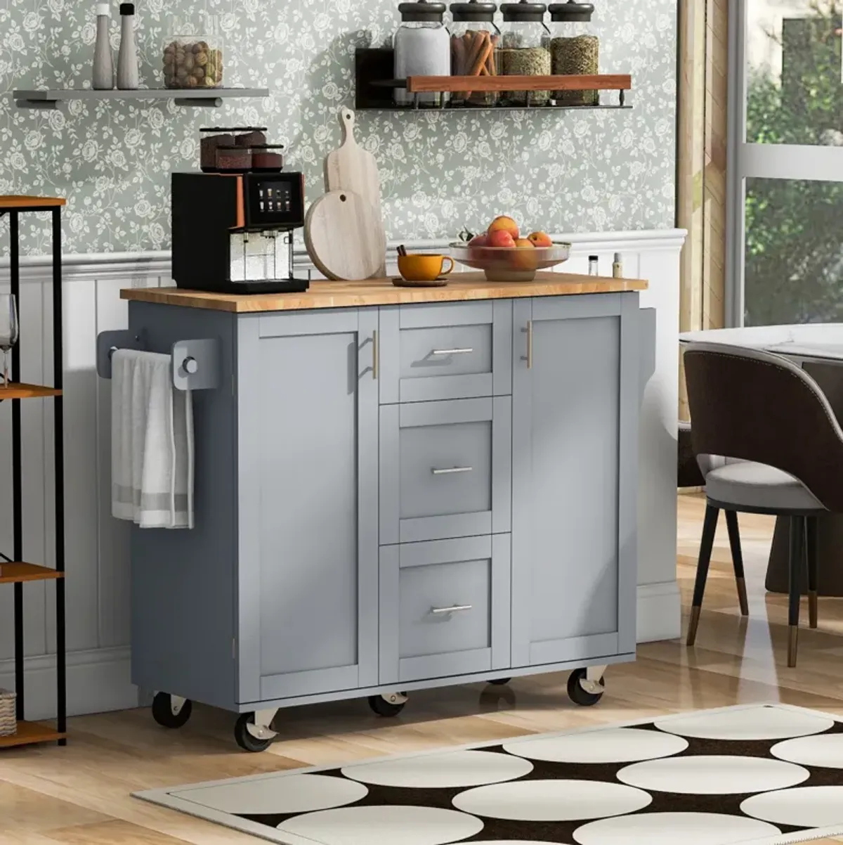 Kitchen Island Cart with Storage and Spice Rack