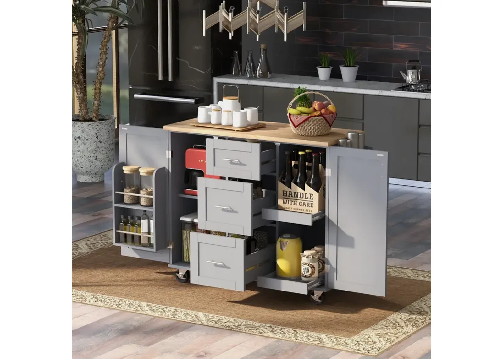 Kitchen Island Cart with Storage and Spice Rack