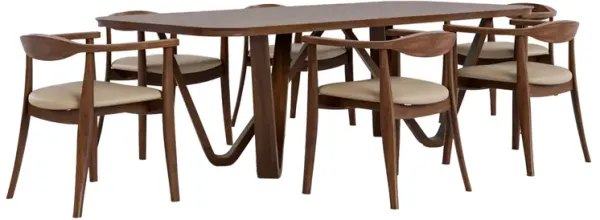 Niva 7pc Dining Table Set, 6 Fabric Side Chairs, Brown Full Solid Wood - Benzara