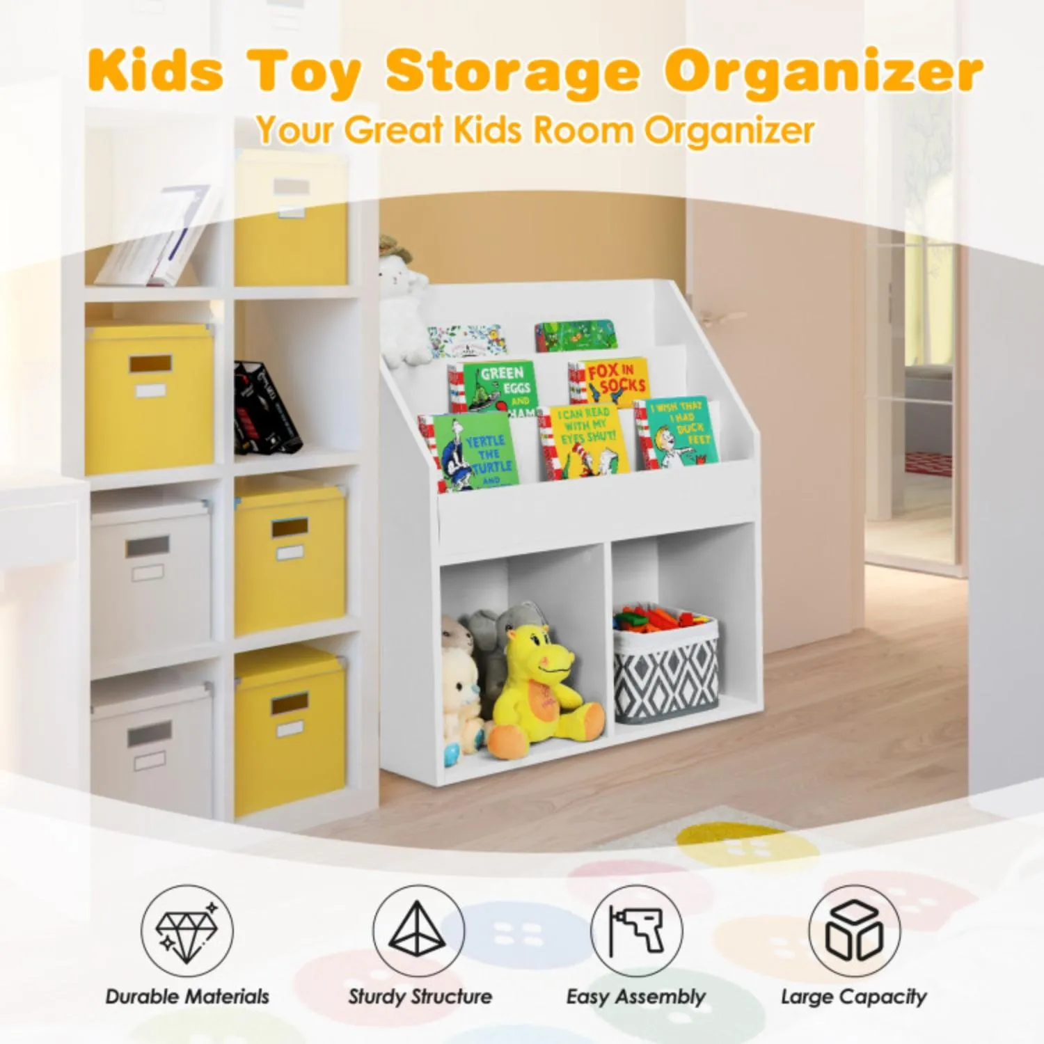 Hivvago Kids Wooden Bookshelf Bookcase Children Toy Storage Cabinet Organizer White