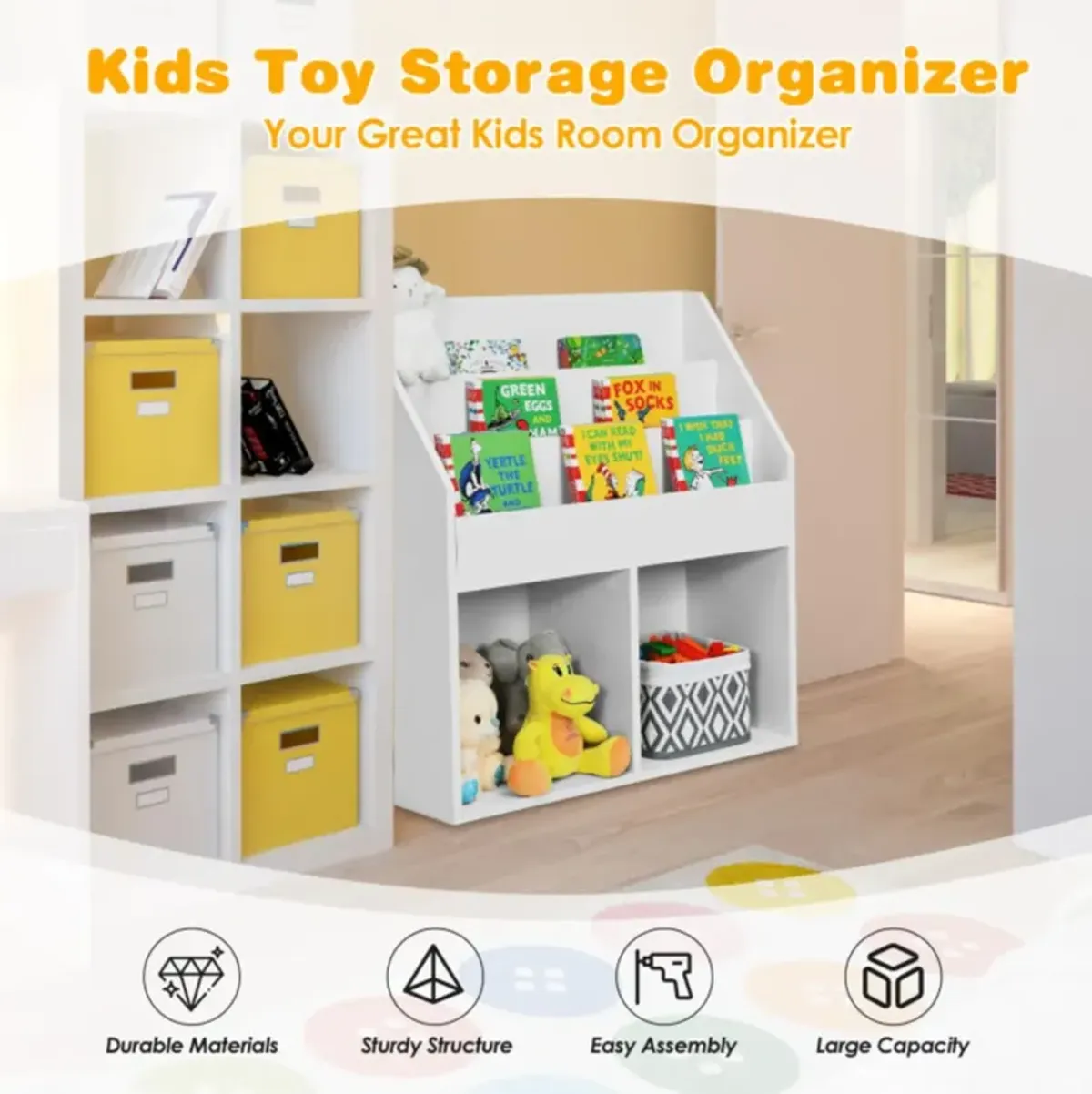 Hivvago Kids Wooden Bookshelf Bookcase Children Toy Storage Cabinet Organizer White