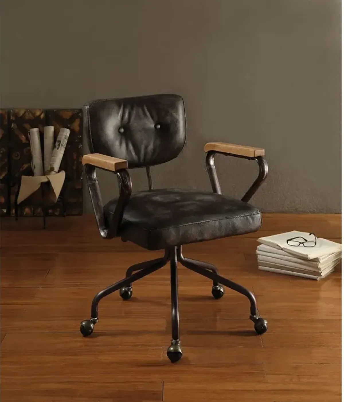 Hallie Office Chair In Vintage Black Top Grain Leather