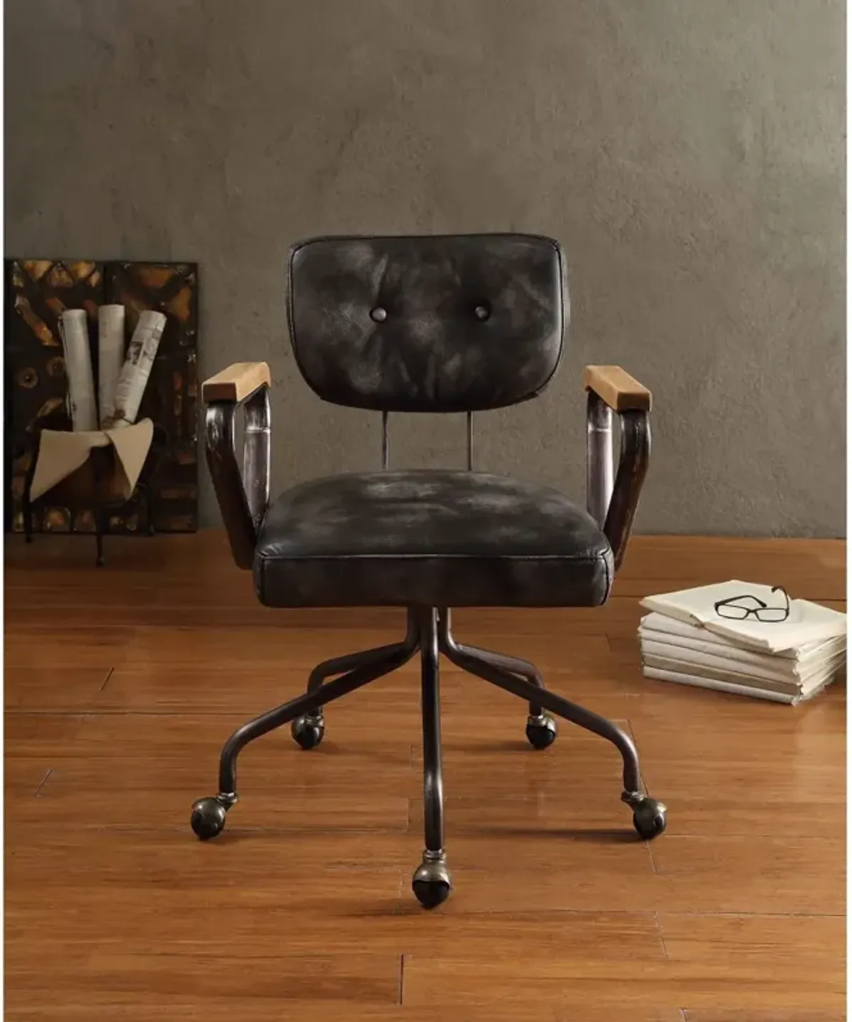 Hallie Office Chair In Vintage Black Top Grain Leather