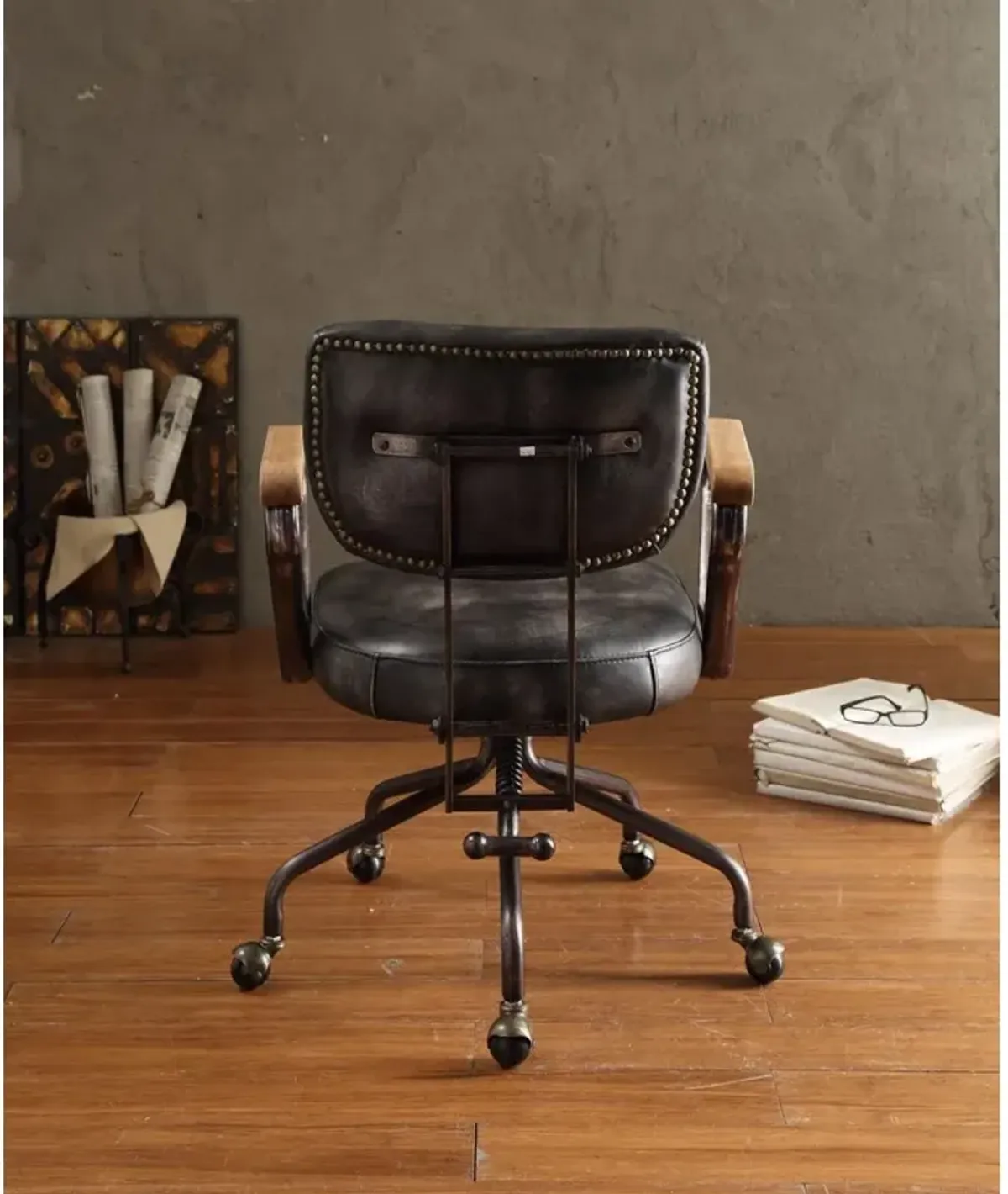 Hallie Office Chair In Vintage Black Top Grain Leather