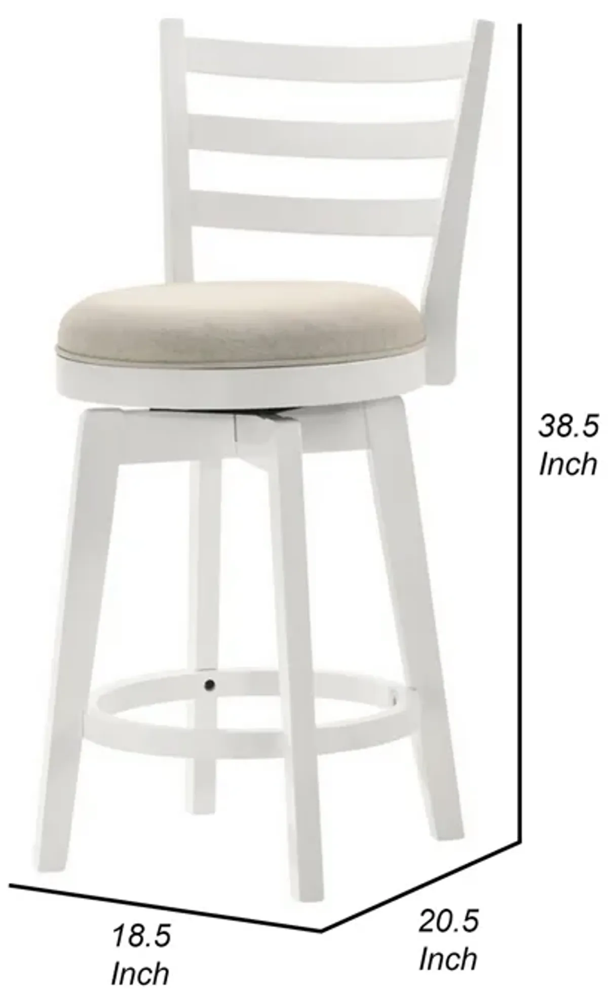 Fila 26 Inch Counter Height Swivel Stool Chair, Padded, Ladder Back, White - Benzara