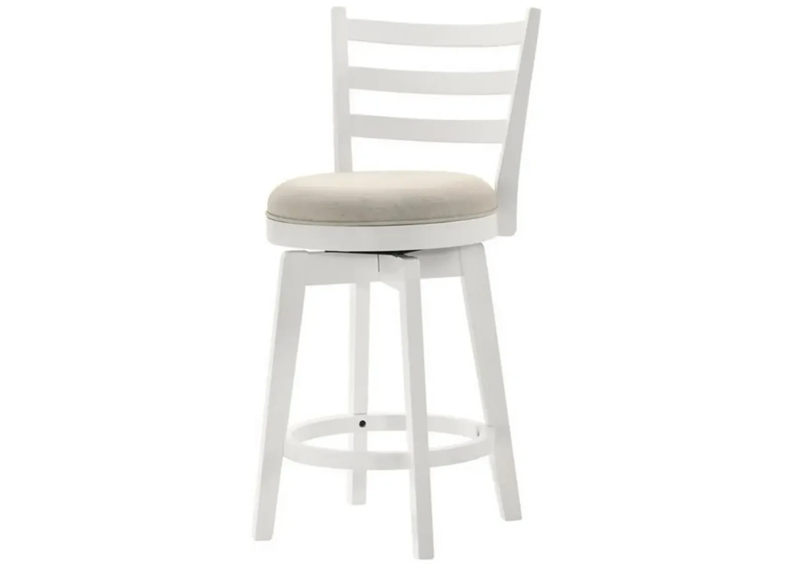 Fila 26 Inch Counter Height Swivel Stool Chair, Padded, Ladder Back, White - Benzara