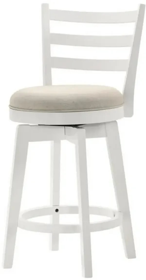 Fila 26 Inch Counter Height Swivel Stool Chair, Padded, Ladder Back, White - Benzara