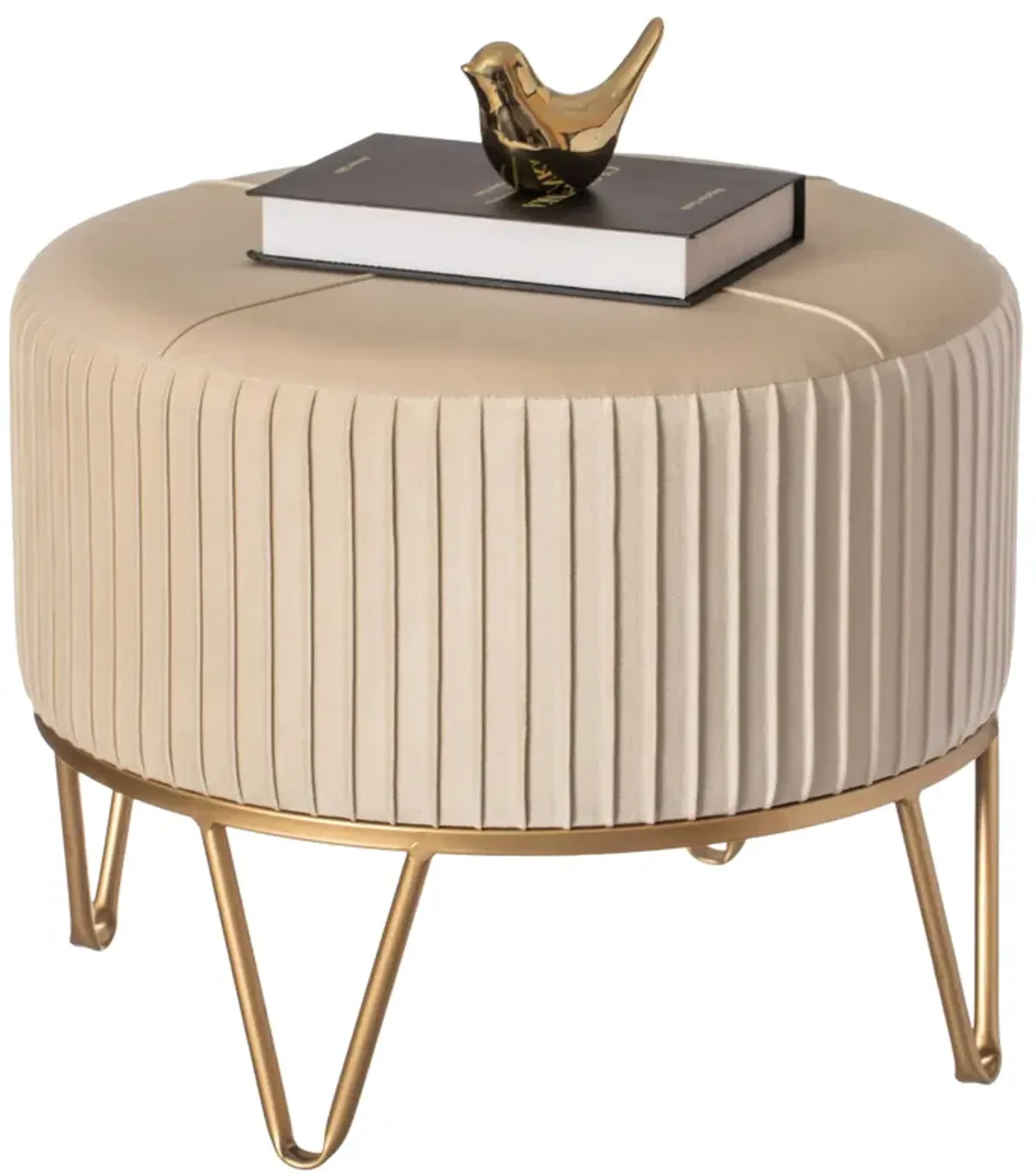 Round Velvet Ottoman Stool Raised with Hairpin Gold Base, Cream, Medium