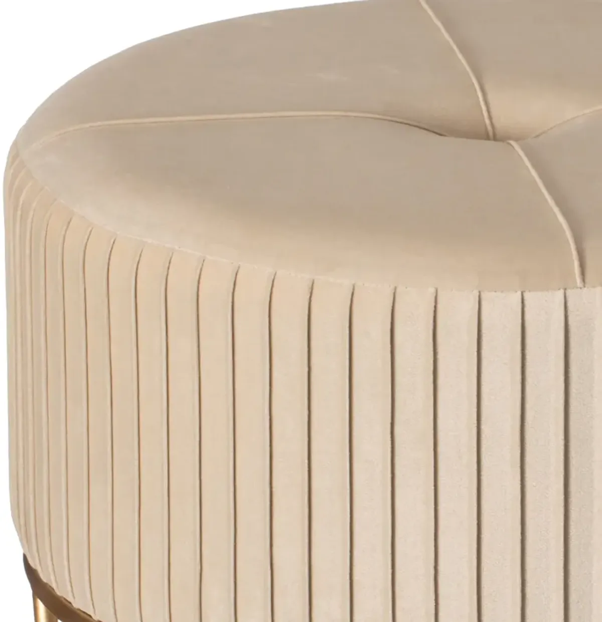 Round Velvet Ottoman Stool Raised with Hairpin Gold Base, Cream, Medium