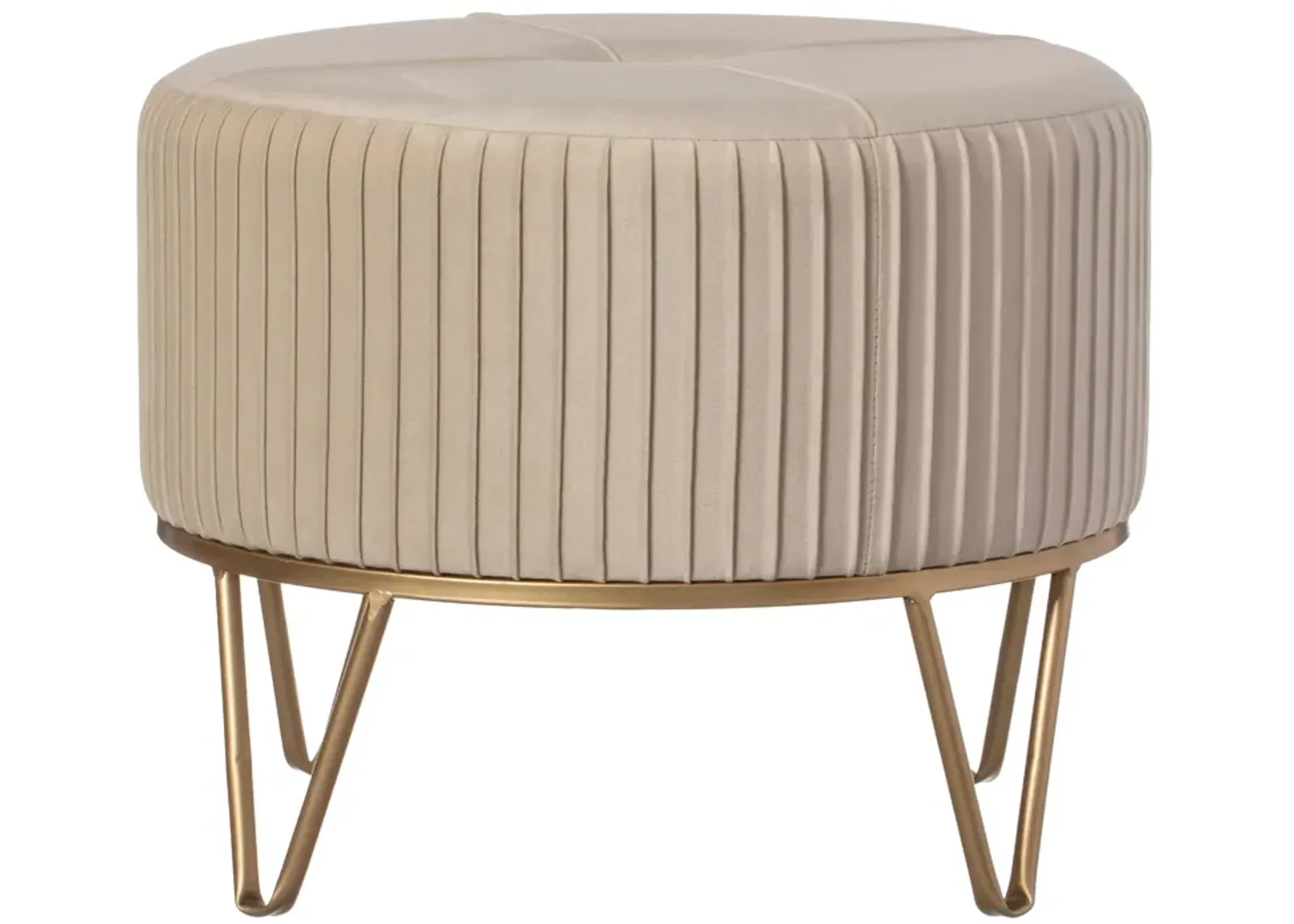 Round Velvet Ottoman Stool Raised with Hairpin Gold Base, Cream, Medium